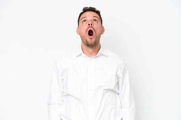 Young Caucasian Handsome Man Isolated White Background Looking Surprised Expression — Stock Photo, Image