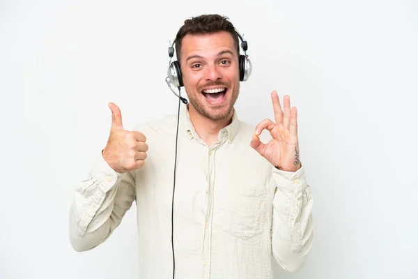 Telemarketer Caucasian Man Working Headset Isolated White Background Showing Sign — 图库照片