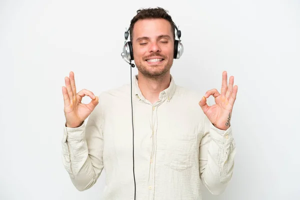 Telemarketer Caucasian Man Working Headset Isolated White Background Zen Pose — Stockfoto