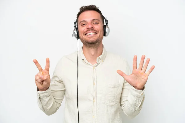 Telemarketer Caucasian Man Working Headset Isolated White Background Counting Seven — Foto de Stock