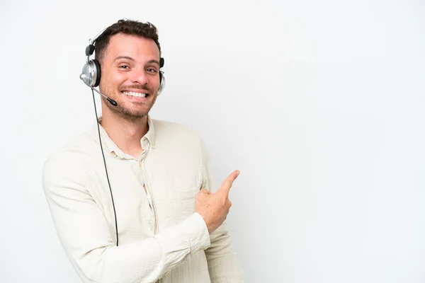 Telemarketer Caucasian Man Working Headset Isolated White Background Pointing Back — Stockfoto