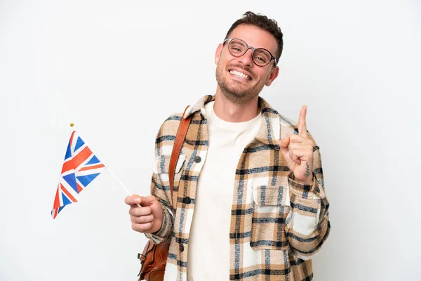 Jeune Homme Hispanique Tenant Drapeau Royaume Uni Isolé Sur Fond — Photo