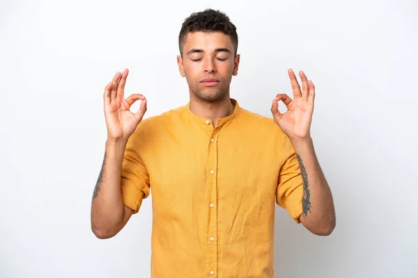 Young Caucasian Brazilian Man Isolated White Background Zen Pose — Stock fotografie