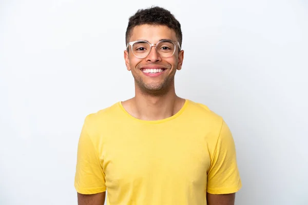 Young Brazilian Man Isolated White Background Glasses Happy Expression — Fotografia de Stock