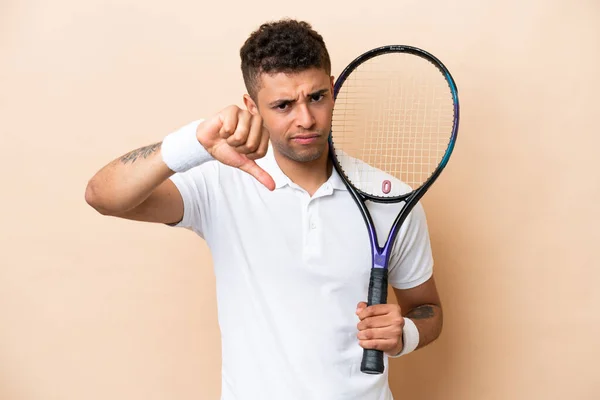 Young Brazilian Handsome Man Playing Tennis Isolated Beige Background Showing — Foto de Stock