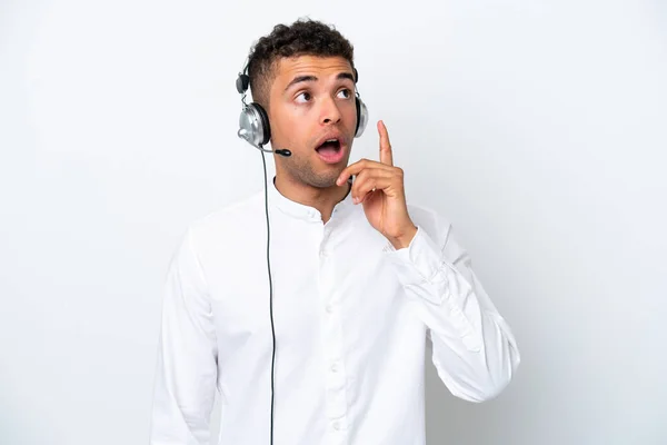 Telemarketer Brazilian Man Working Headset Isolated White Background Thinking Idea — Stock Photo, Image