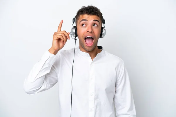 Telemarketer Brazilian Man Working Headset Isolated White Background Intending Realizes — 图库照片