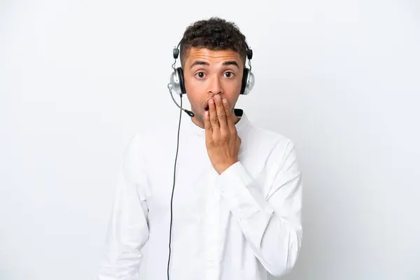 Hombre Brasileño Telemarketer Trabajando Con Auricular Aislado Sobre Fondo Blanco —  Fotos de Stock