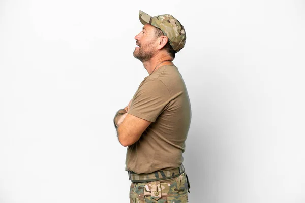 Militare Mezza Età Con Dog Tag Isolato Sfondo Bianco Posizione — Foto Stock