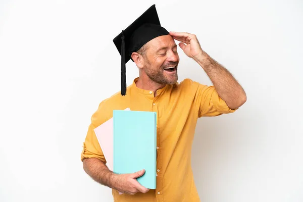 Studente Mezza Età Uomo Caucasico Isolato Sfondo Bianco Realizzato Qualcosa — Foto Stock