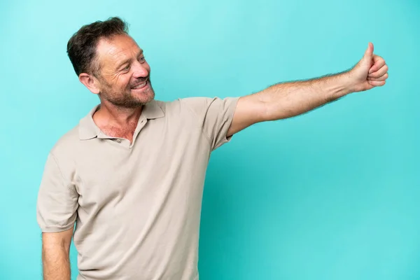 Middle Age Caucasian Man Isolated Blue Background Giving Thumbs Gesture — Stock Photo, Image