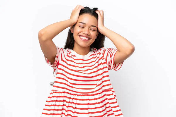 Young Colombian Woman Isolated White Background Laughing — Stockfoto
