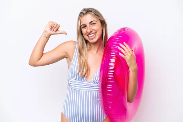 Young Caucasian Woman Holding Air Mattress Donut Isolated White Background — Stock Photo, Image