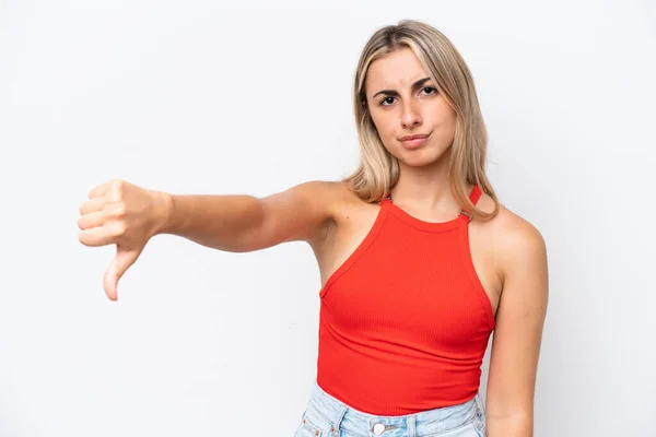 Jonge Blanke Vrouw Geïsoleerd Witte Achtergrond Tonen Duim Naar Beneden — Stockfoto