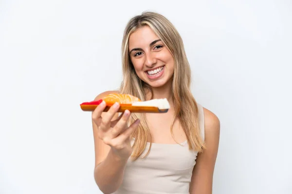 Young Caucasian Woman Holding Sashimi Isolated White Background Happy Expression — стоковое фото