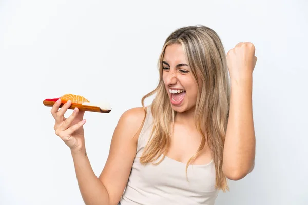 Young Caucasian Woman Holding Sashimi Isolated White Background Celebrating Victory — Fotografia de Stock