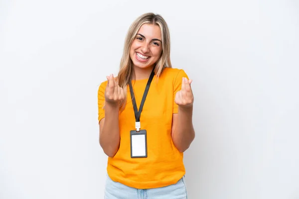 Young Caucasian Woman Card Isolated White Background Making Money Gesture — Φωτογραφία Αρχείου