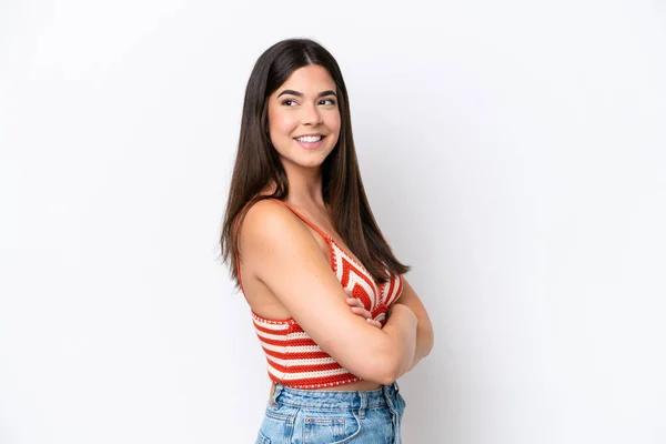 Young Brazilian Woman Isolated White Background Arms Crossed Happy — Stockfoto