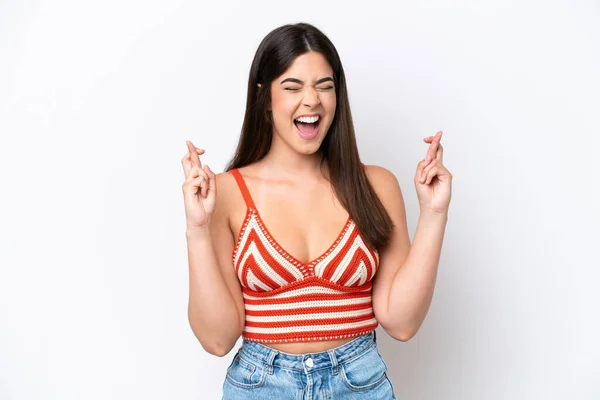Young Brazilian Woman Isolated White Background Fingers Crossing — 스톡 사진