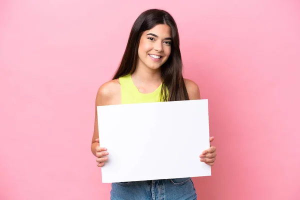 Young Brazilian Woman Isolated Pink Background Holding Empty Placard Happy — Zdjęcie stockowe