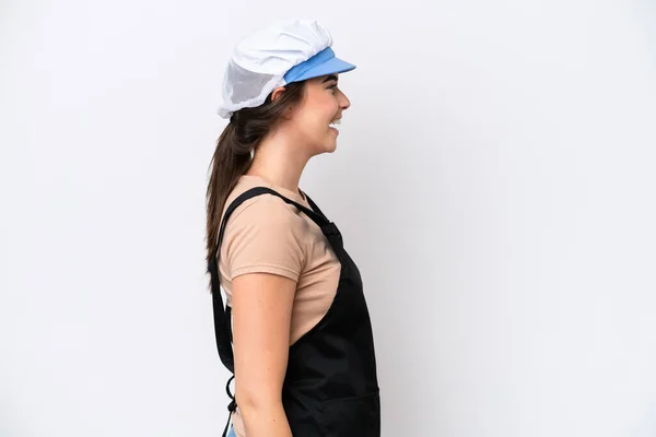 Fishmonger Brasileiro Mulher Vestindo Avental Isolado Fundo Branco Rindo Posição — Fotografia de Stock