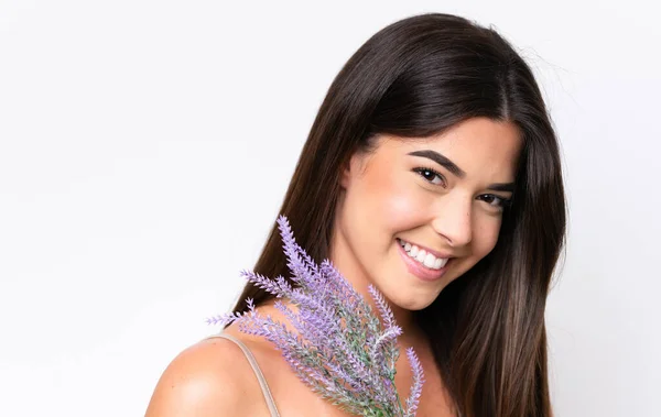 Young Brazilian Woman Isolated White Background Holding Lavender Plant Close — Photo