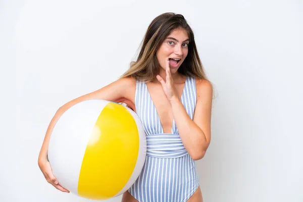 Young Woman Swimsuit Holding Beach Ball Isolated White Background Whispering — Stock Photo, Image