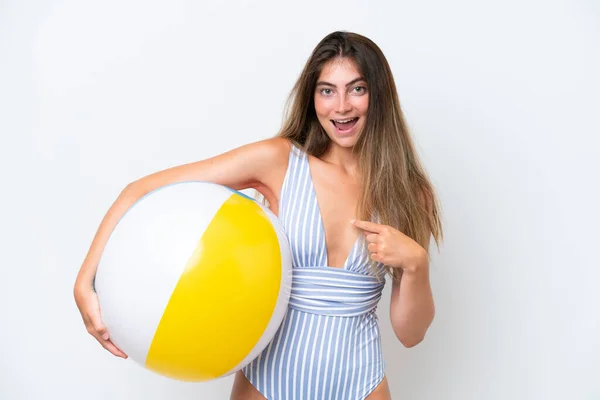 Young Woman Swimsuit Holding Beach Ball Isolated White Background Surprise — Stock Photo, Image
