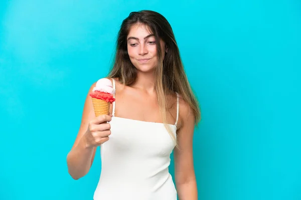 Young Woman Swimsuit Holding Ice Cream Isolated Blue Background Sad — Fotografia de Stock