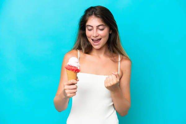 Young Woman Swimsuit Holding Ice Cream Isolated Blue Background Celebrating — Stockfoto