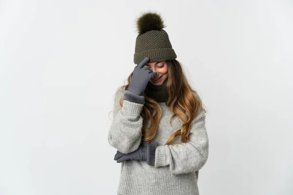 Young Caucasian Woman Winter Hat Isolated White Background Laughing — Stock Photo, Image