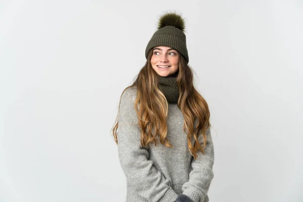 Young Caucasian Woman Winter Hat Isolated White Background Looking Side — Fotografia de Stock
