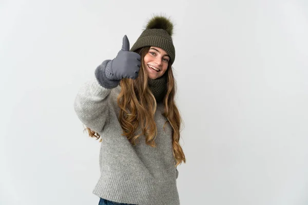 Jeune Femme Caucasienne Avec Chapeau Hiver Isolé Sur Fond Blanc — Photo