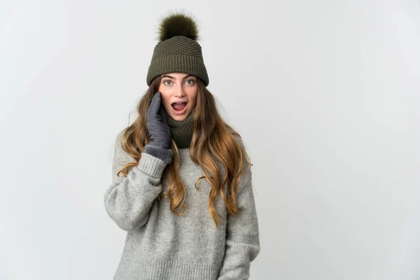 Giovane Donna Caucasica Con Cappello Invernale Isolato Sfondo Bianco Con — Foto Stock