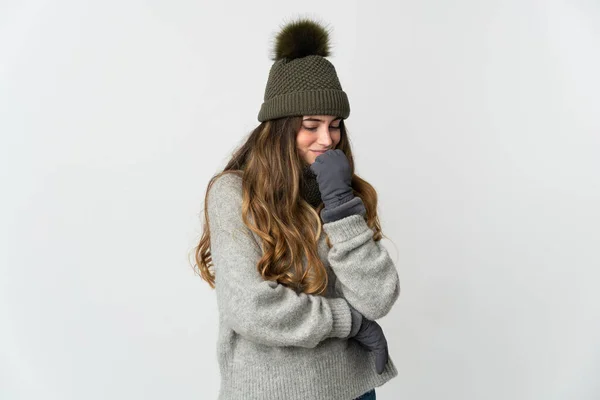 Young Caucasian Woman Winter Hat Isolated White Background Having Doubts — Stock Photo, Image