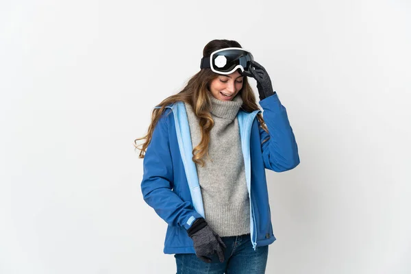 Κορίτσι Σκιέρ Γυαλιά Snowboarding Απομονώνονται Λευκό Φόντο Γέλιο — Φωτογραφία Αρχείου