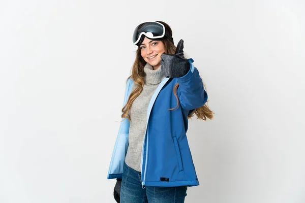 Fata Schi Ochelari Snowboarding Izolați Fundal Alb Degetele Sus Pentru — Fotografie, imagine de stoc
