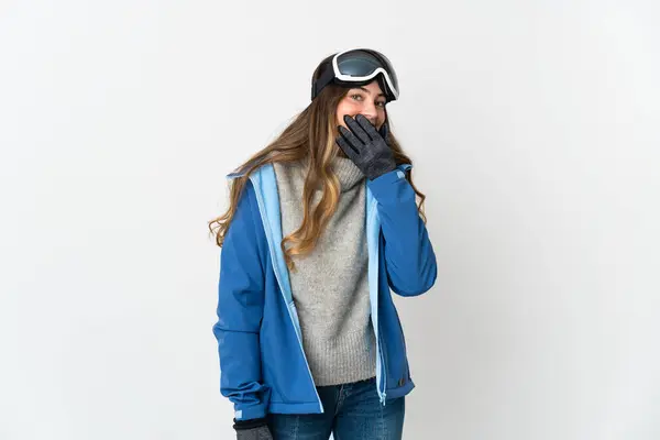 Chica Esquiadora Con Gafas Snowboard Aisladas Sobre Fondo Blanco Feliz —  Fotos de Stock