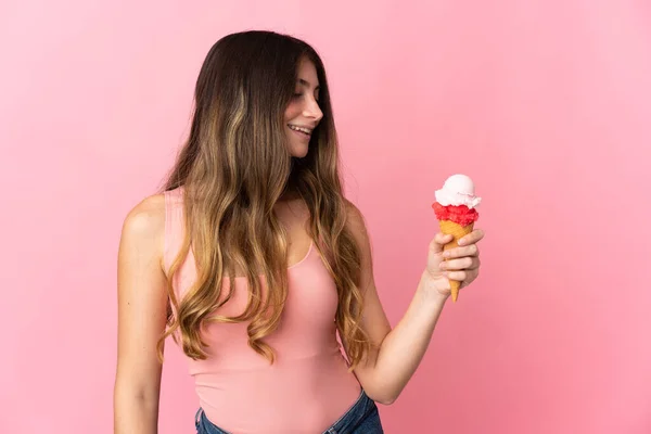 Young Caucasian Woman Cornet Ice Cream Isolated Pink Background Looking — Fotografia de Stock