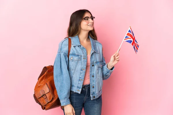 Young Woman Holding United Kingdom Flag Isolated Pink Background Looking — 图库照片