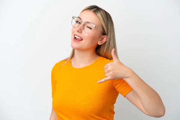 Young Caucasian Woman Isolated White Background Glasses Doing Phone Gesture — Stock Photo, Image