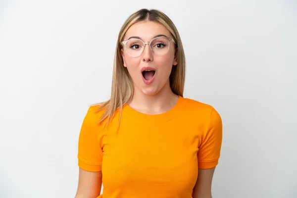 Young Caucasian Woman Isolated White Background Glasses Surprised Expression — Stock Photo, Image