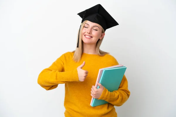 Giovane Studentessa Caucasica Donna Isolata Sfondo Bianco Dando Pollice Gesto — Foto Stock