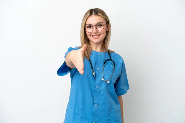 Young Surgeon Doctor Woman Isolated White Background Shaking Hands Closing — Stock Photo, Image