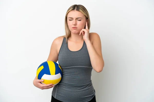 Young Caucasian Woman Playing Volleyball Isolated White Background Frustrated Covering — Photo