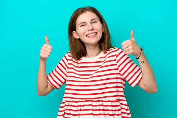Young English Woman Isolated Blue Background Giving Thumbs Gesture — Foto Stock