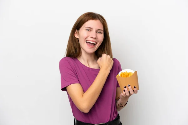 Fiatal Angol Kezében Sült Chips Elszigetelt Fehér Háttér Ünneplő Győzelem — Stock Fotó