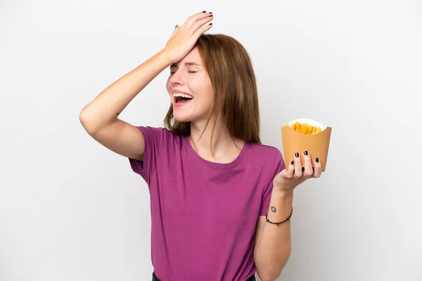 Ung Engelsk Kvinde Holder Stegte Chips Isoleret Hvid Baggrund Har - Stock-foto