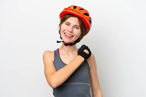 Genç Bisikletçi Ngiliz Kadın Beyaz Arka Planda Izole Edilmiş Zaferi — Stok fotoğraf