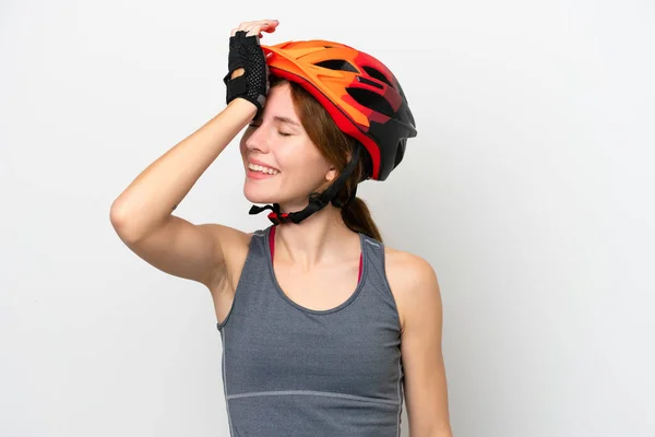 Jonge Fietser Engelse Vrouw Geïsoleerd Witte Achtergrond Heeft Iets Gerealiseerd — Stockfoto